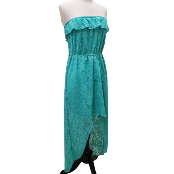 Trixxi Floral Lace Strapless High Low Hem Turquoise Green Dress Sz L - Picture 4 of 14